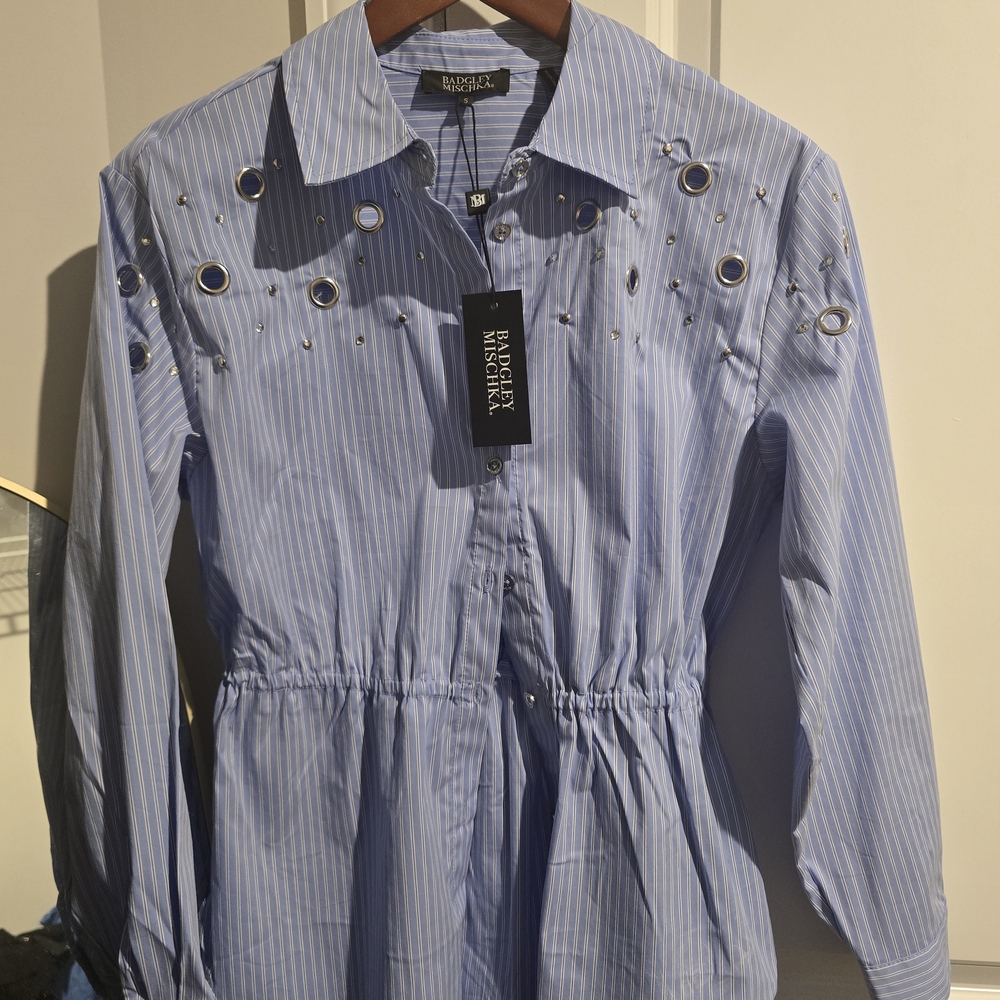 Badgley Mischka Light Blue and White Striped Eyelet Shirt Dress